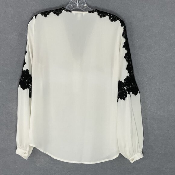 Express Top Women Sz S Ivory Black Lace Detail V-Neck Zip Front Office Career - Picture 2 of 12